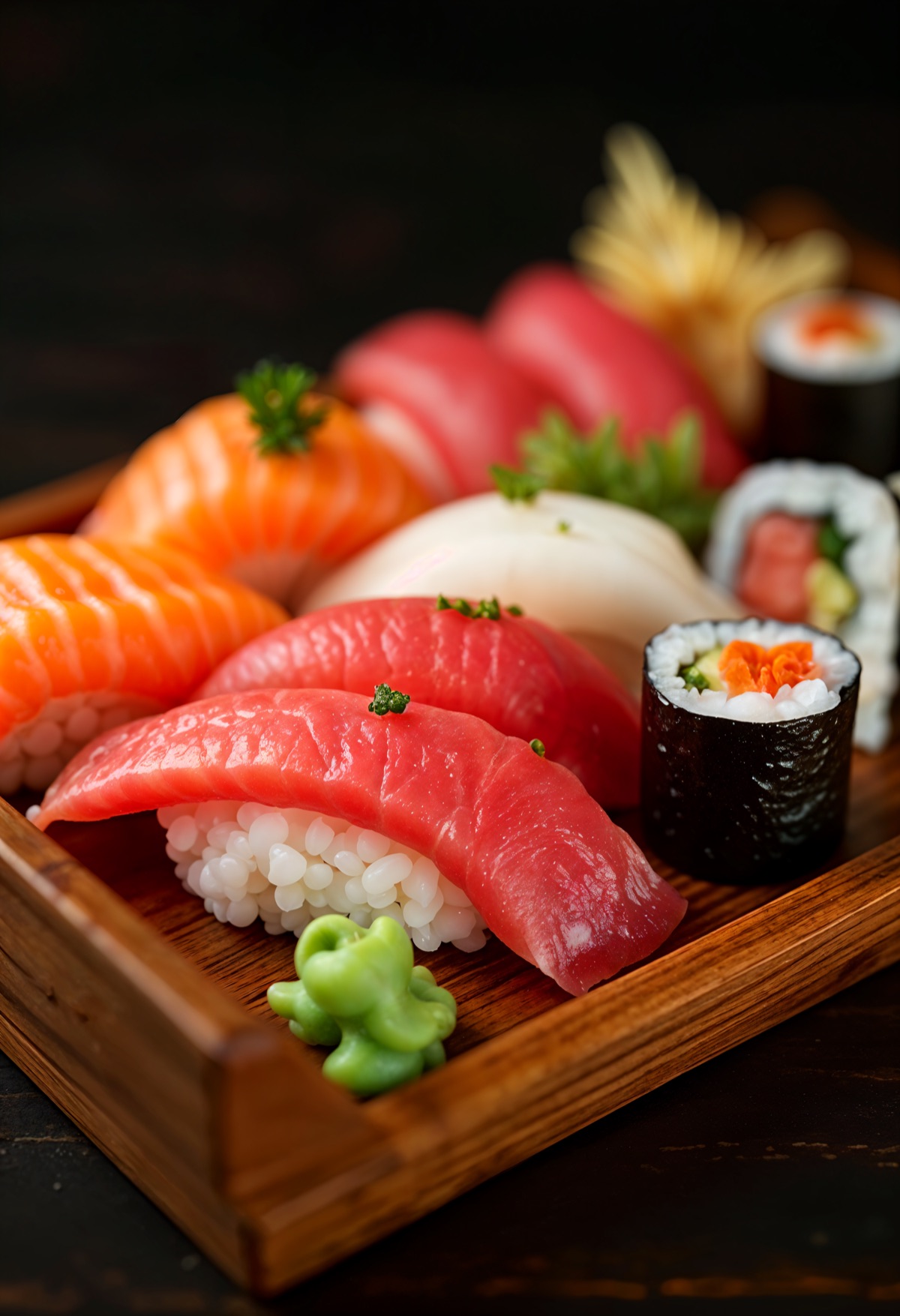 21 Sushi House fresh nigiri and sashimi on wooden tray