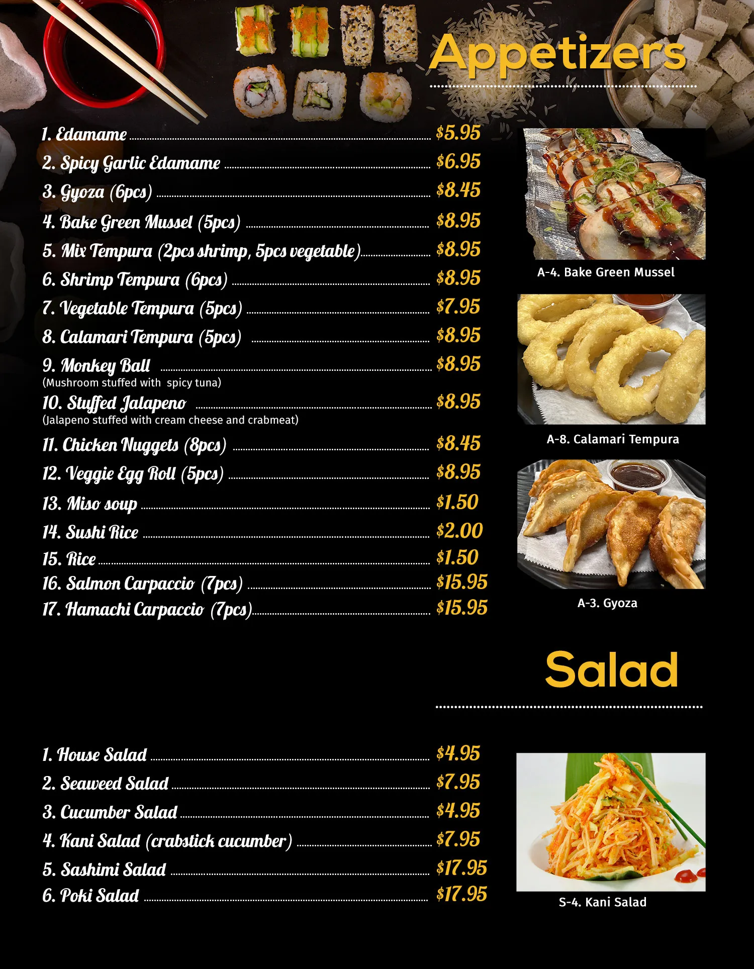 21 Sushi House menu - Appetizers and Salad